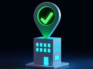 3D glowing green location pin with checkmark above a small building with cyan windows on a dark background.