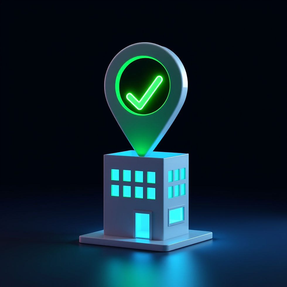3D glowing green location pin with checkmark above a small building with cyan windows on a dark background.