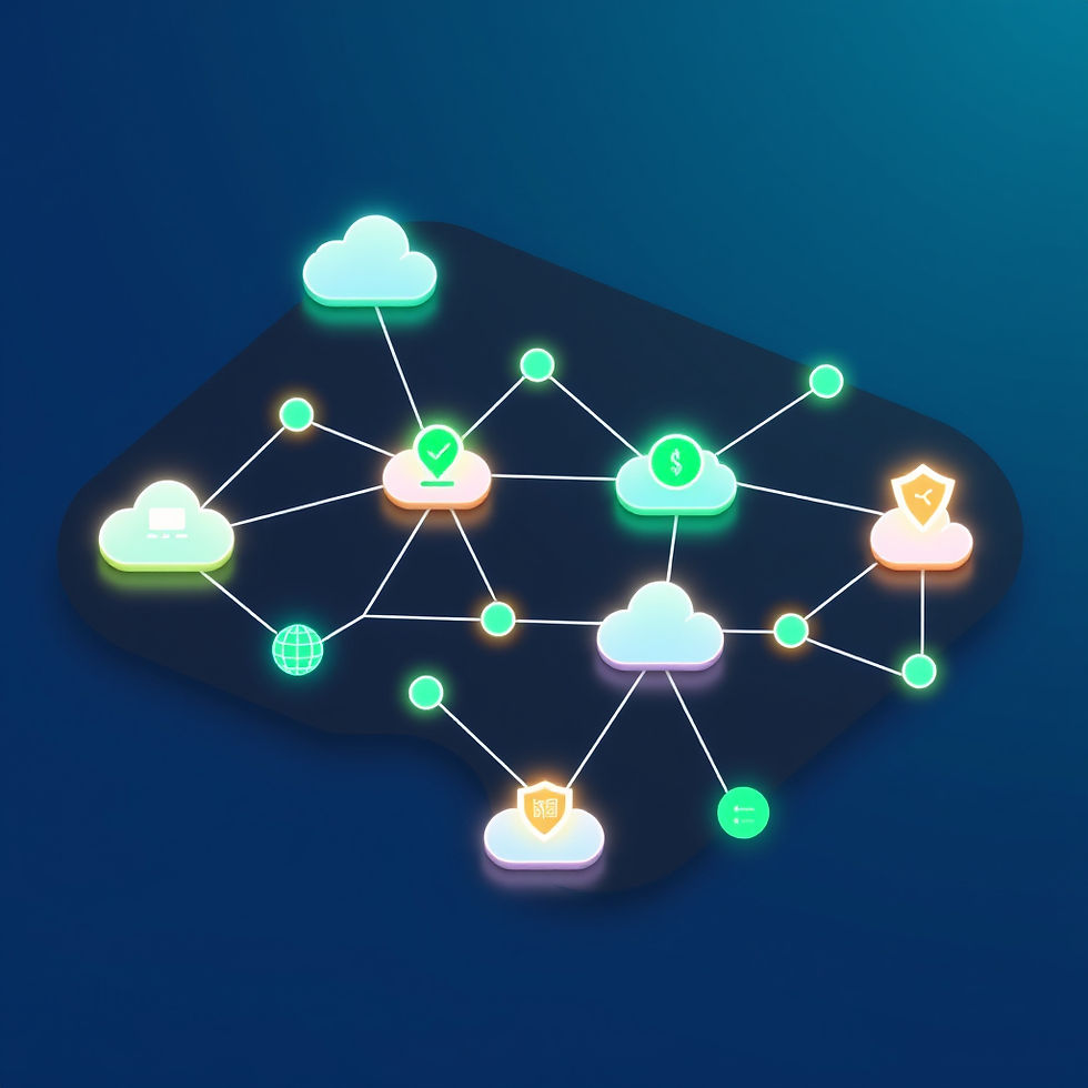 Glowing cloud-network diagram with connected nodes, security and currency icons, on a dark blue background.