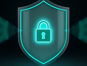 A glowing neon turquoise lock on a shield symbolizing security, set against a dark background. The mood is modern and secure.