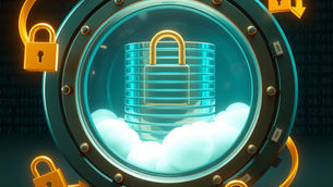 Glowing teal database vault with a padlock, surrounded by orange locks and arrows on a dark cyber background.