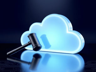 Glowing blue cloud with a gavel resting on it, set against a dark tech-themed background. Emphasizes digital law.