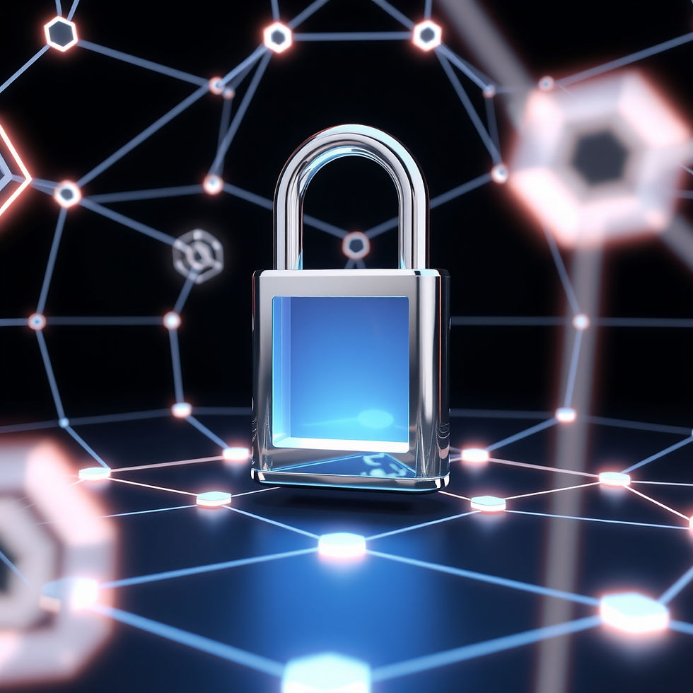 A glowing padlock on a dark network grid with interconnected lines and hexagons, symbolizing cybersecurity and data protection.