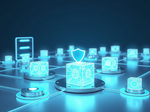 Glowing tech cubes connected on a grid, featuring a shield symbol. Neon blue and black tones convey a futuristic, secure network theme.