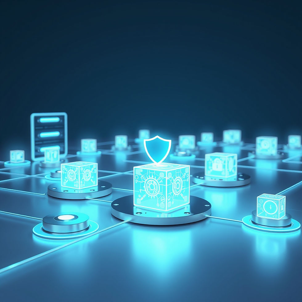Glowing tech cubes connected on a grid, featuring a shield symbol. Neon blue and black tones convey a futuristic, secure network theme.