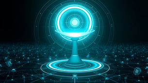 Futuristic glowing blue holographic chalice on pedestal, surrounded by digital network in dark space, emitting a sci-fi, tech vibe.