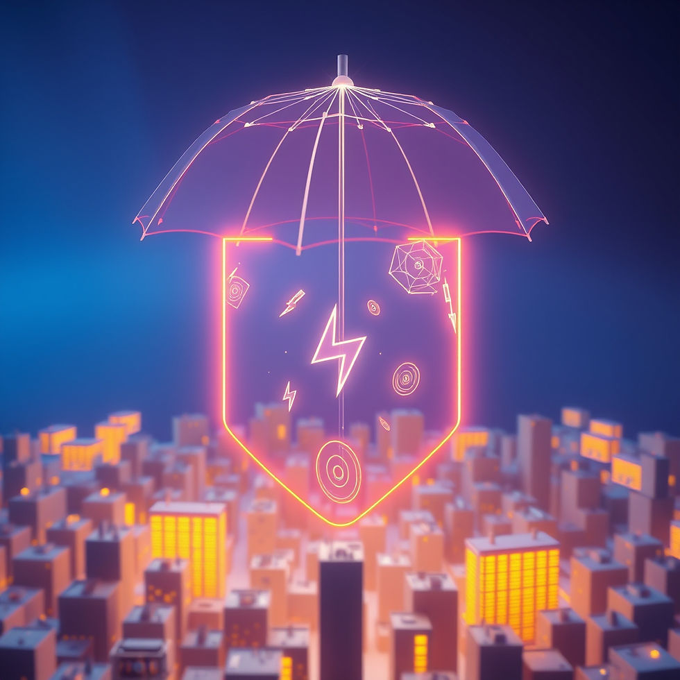 Neon umbrella shields a glowing shield over a city skyline, with lightning icons and warm lit windows beneath a dark blue sky