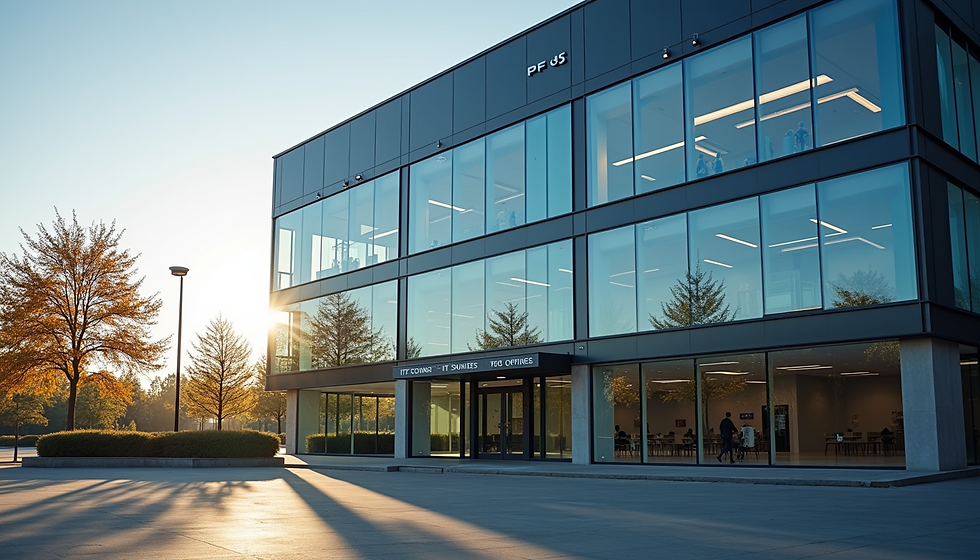 Modern glass building with people inside, framed by autumn trees. Sunlight casts long shadows on the pavement. Building labeled "PF 65."