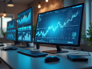 Monitors displaying financial graphs and charts on a desk in an office, with natural light and green plants in the background.