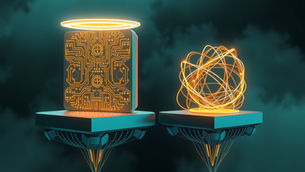 Futuristic scene with glowing circuit block and neon light orb on floating platforms against a dark cloudy background.