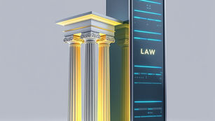 A server tower with "LAW" text stands beside glowing classical columns. The scene is set against a gray background, blending technology with tradition.