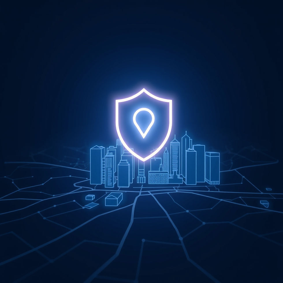 Neon city skyline with a glowing shield and location pin above, set against a dark blue background, symbolizing digital security.