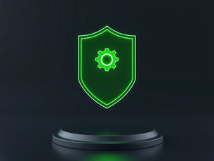 Glowing green shield with gear icon hovers above a dark podium. Black background emphasizes the neon design, creating a futuristic feel.