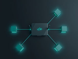 A black router with green wave pattern, connected to five glowing square devices on a dark background, suggesting a network connection.