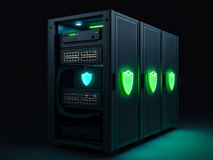 Dark server rack with glowing green shield icons and network gear, suggesting secure cybersecurity in a black studio setting.