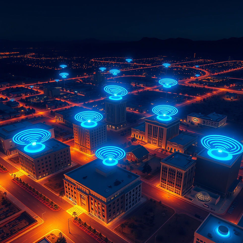 Nighttime cityscape with buildings, each topped by a glowing blue Wi-Fi symbol. Streets are illuminated with orange lights, creating a futuristic ambiance.