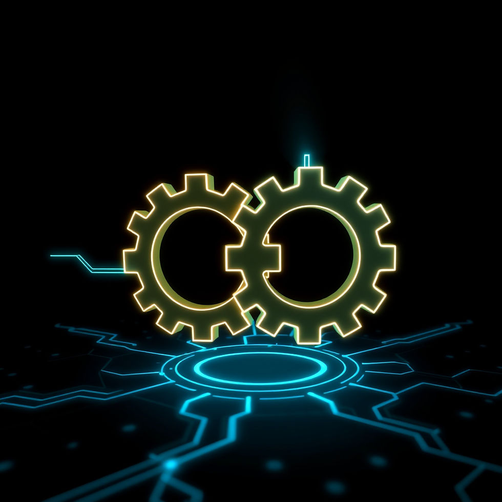 Glowing interlocking yellow gears over a blue circuit-board platform on a black background, futuristic tech concept.