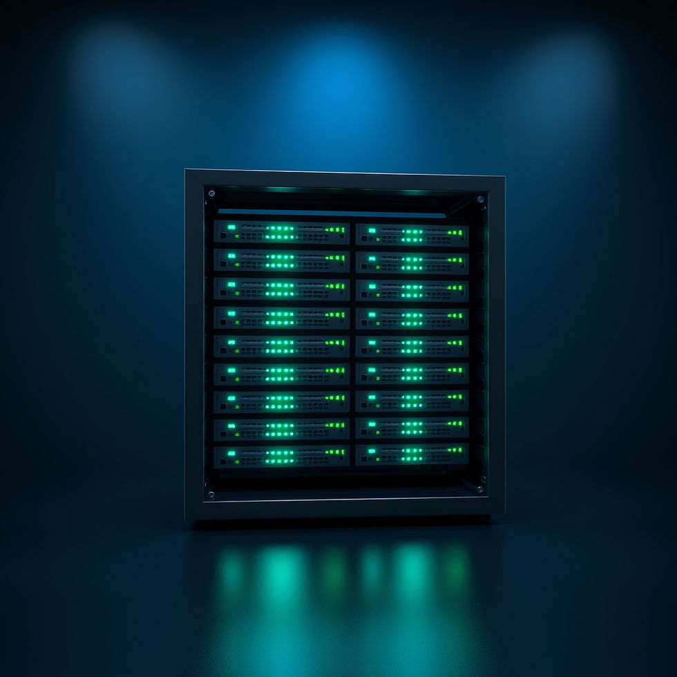 A server rack with glowing green lights in a dimly lit, blue-toned room, creating a futuristic and technological atmosphere.