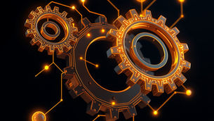 Glowing orange gears linked by circuit lines on a black background, creating a futuristic tech motif.