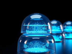 Glowing blue futuristic glass domes display circuit-like holograms on a black background, with a sleek sci-fi mood.