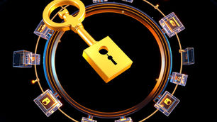 Golden key and padlock centered in glowing security ring, surrounded by small lock icons on a black cyber-themed background