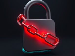 Shiny padlock with a glowing red chain wrapped around it on a dark background, creating a secure and futuristic mood.