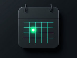Dark calendar icon with a glowing green dot on a grid, set against a black background, suggesting a highlighted date or event.