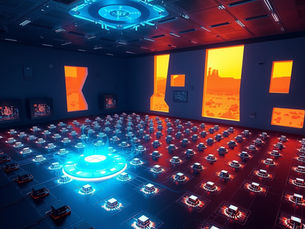 Futuristic room with glowing blue circuitry on the floor, orange desert scenery visible through large windows, creating a sci-fi ambiance.