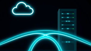 Neon cloud icon hovers beside a glowing server rack. Blue light trails form arcs on a dark grid floor, creating a futuristic feel.