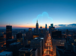 A wide aerial view of Philadelphia city skyline at dusk with soft glowing cloud infrastructure icons floating above the buildings