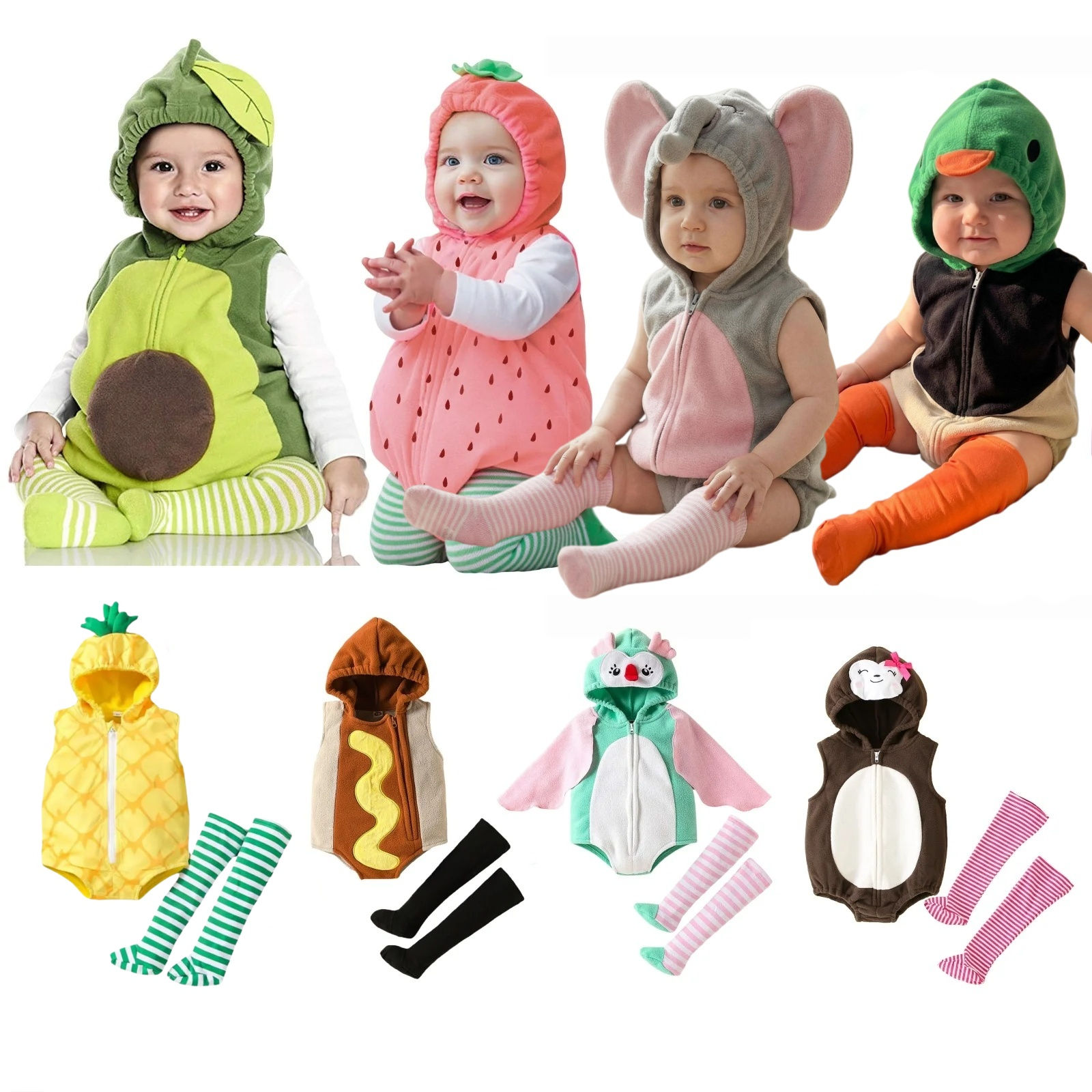 Cartoon Print Set, Hooded Jumpsuit With Zipper + Socks