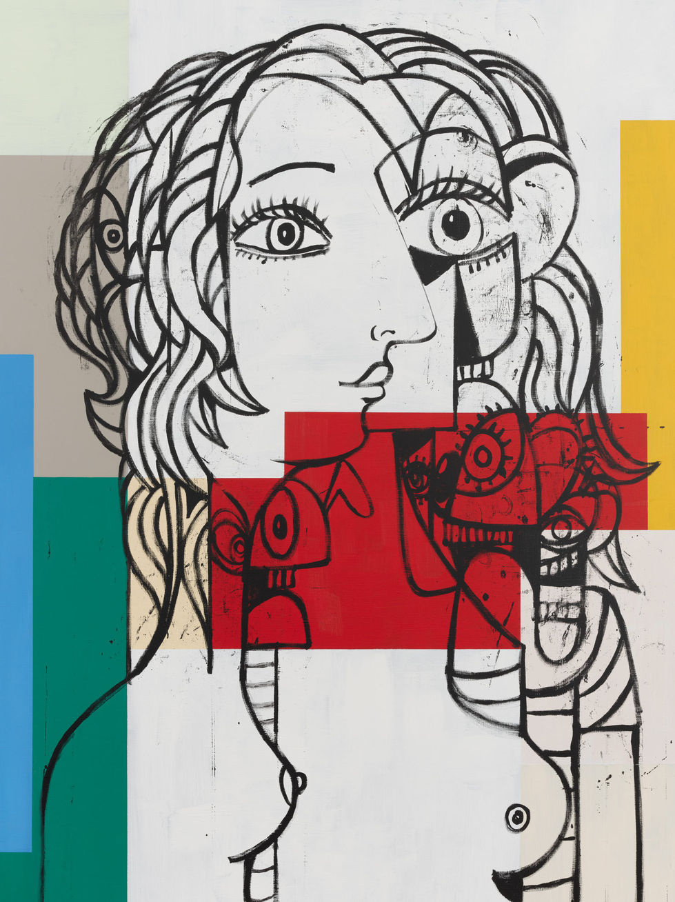 Abstract portrait painting, black and white figure with red accents