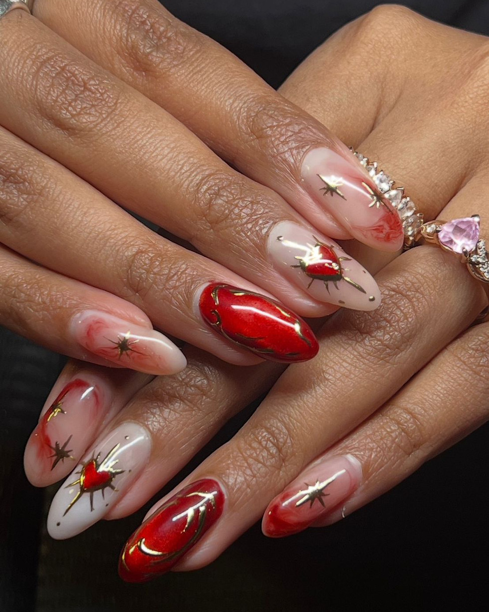 Red and silver nail art