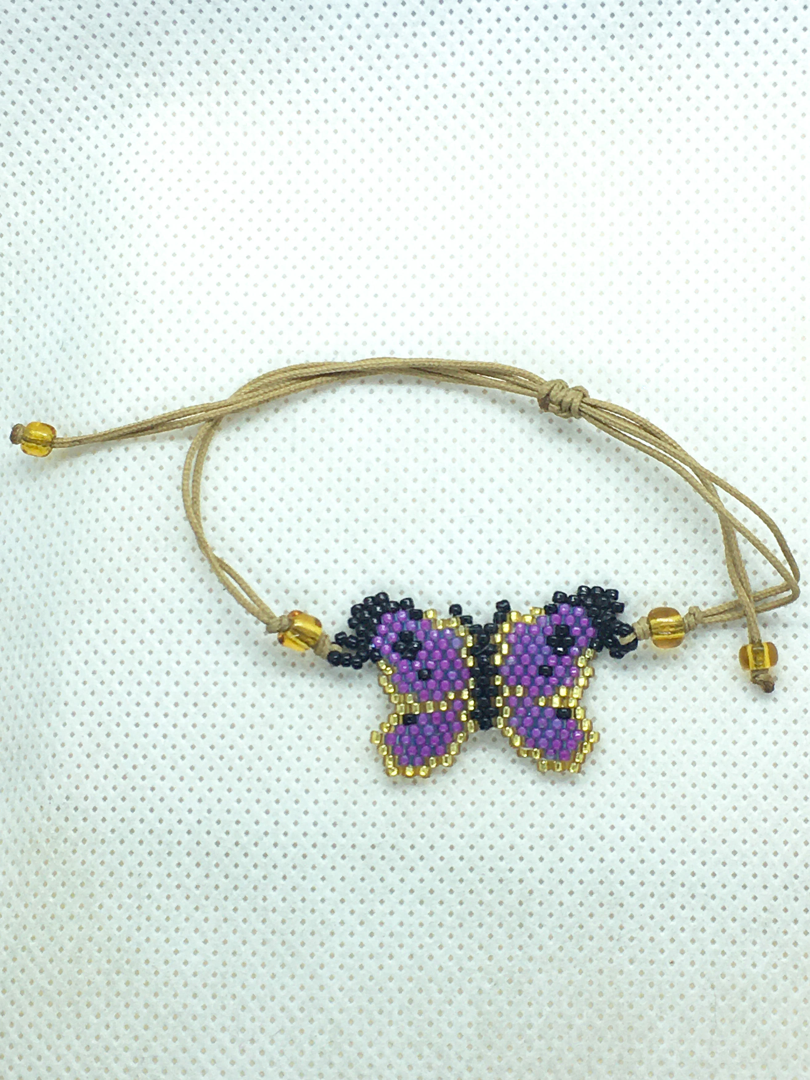 Purple Butterfly Beaded String Bracelet