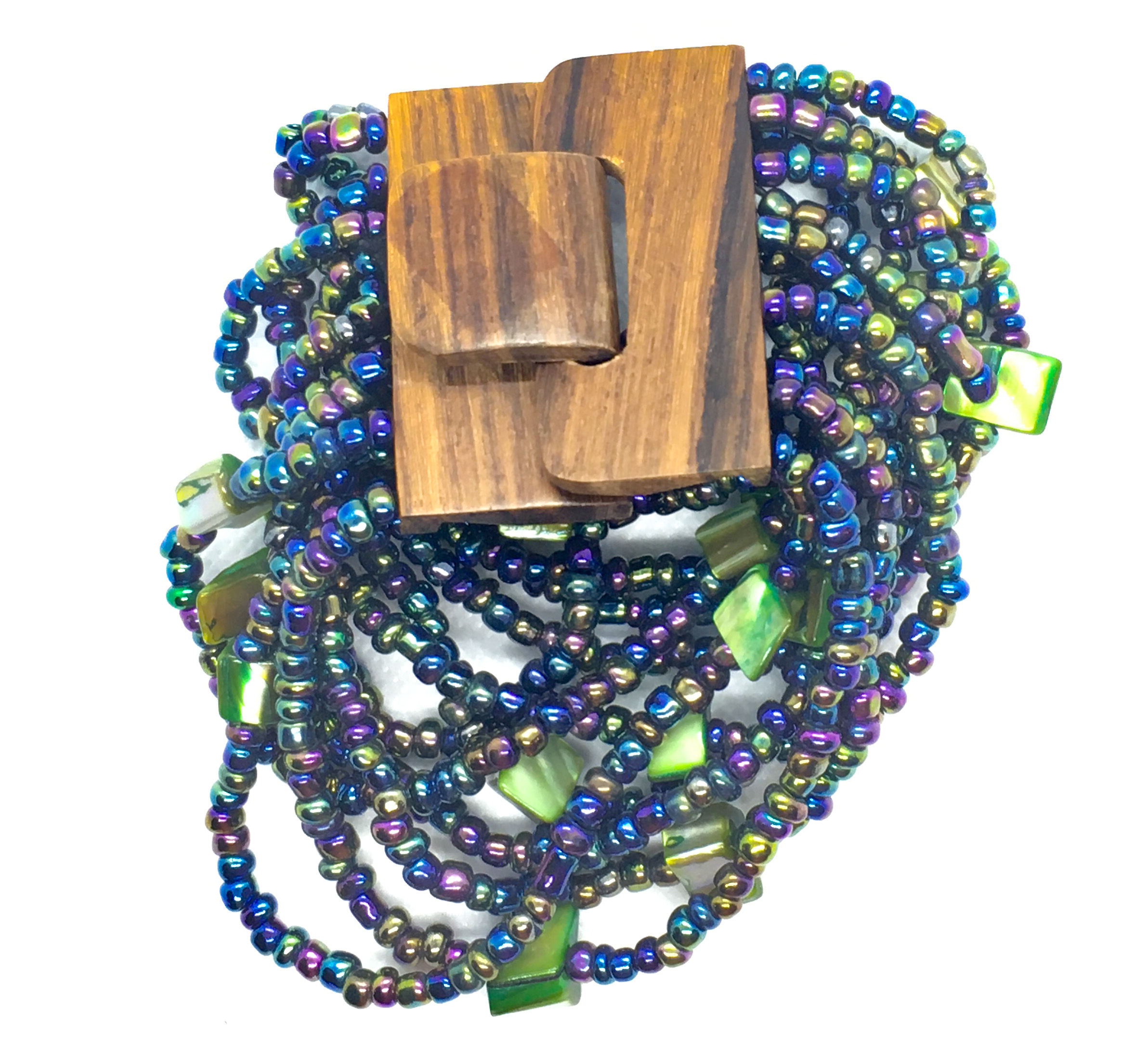 16 strand blue and green wooden clasp Bracelet