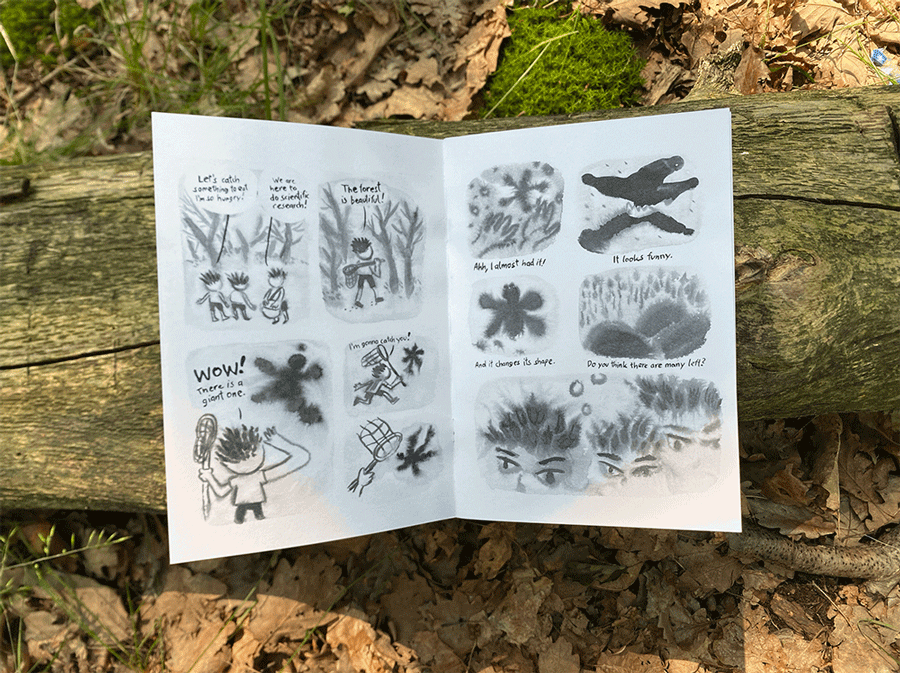 Zine about three explorers walking through the woods and catching a curious creature.