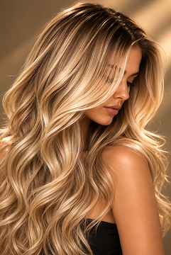 Long blonde hair with dimensional highlights and soft voluminous waves