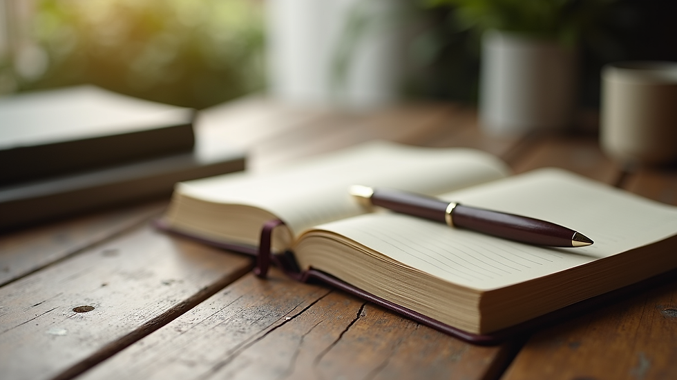 Close-up view of a journal and pen on a wooden table, symbolizing reflection and healing