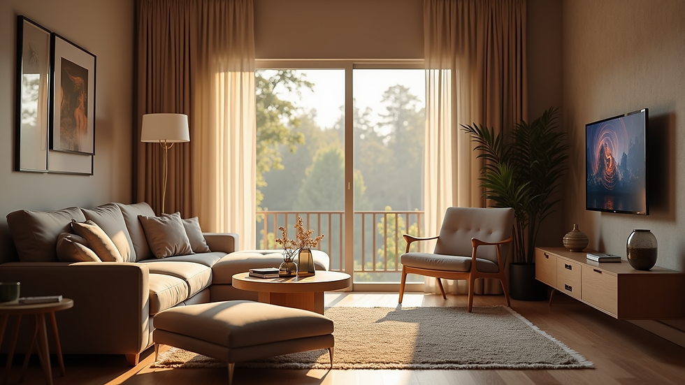 Eye-level view of cozy living room with soft lighting and comfortable seating