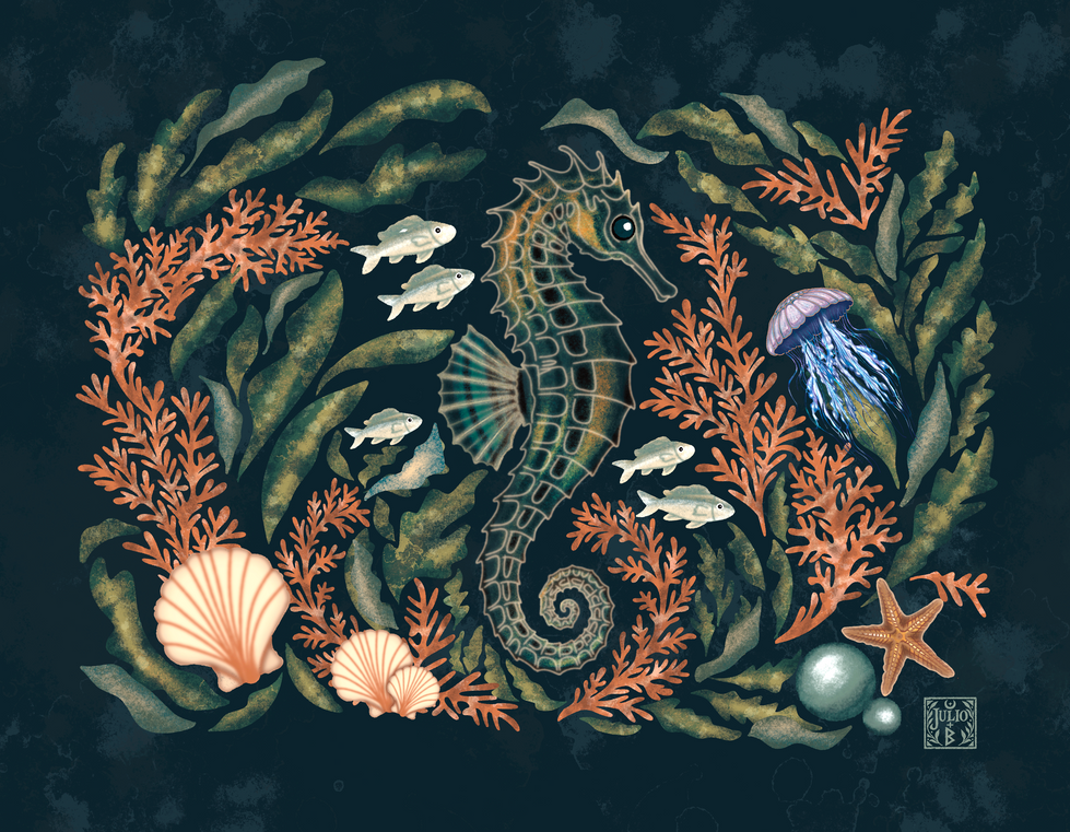 Hand-drawn leafy sea dragon illustration for May in an illustrated ocean calendar