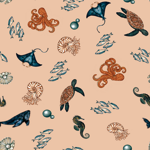 A hand-drawn surface pattern combining marine characters, botanical forms, and decorative ocean elements into a repeating visual composition inspired by The Secret Ocean.
