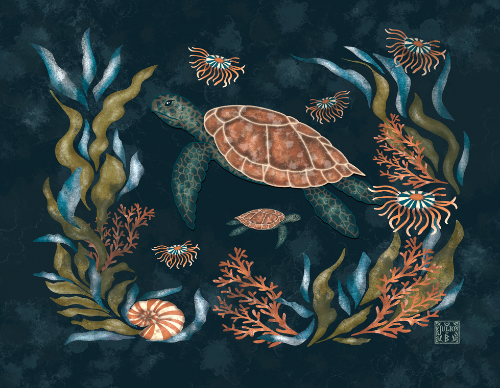 Hand-drawn coral reef illustration with botanical forms, fish, and marine details