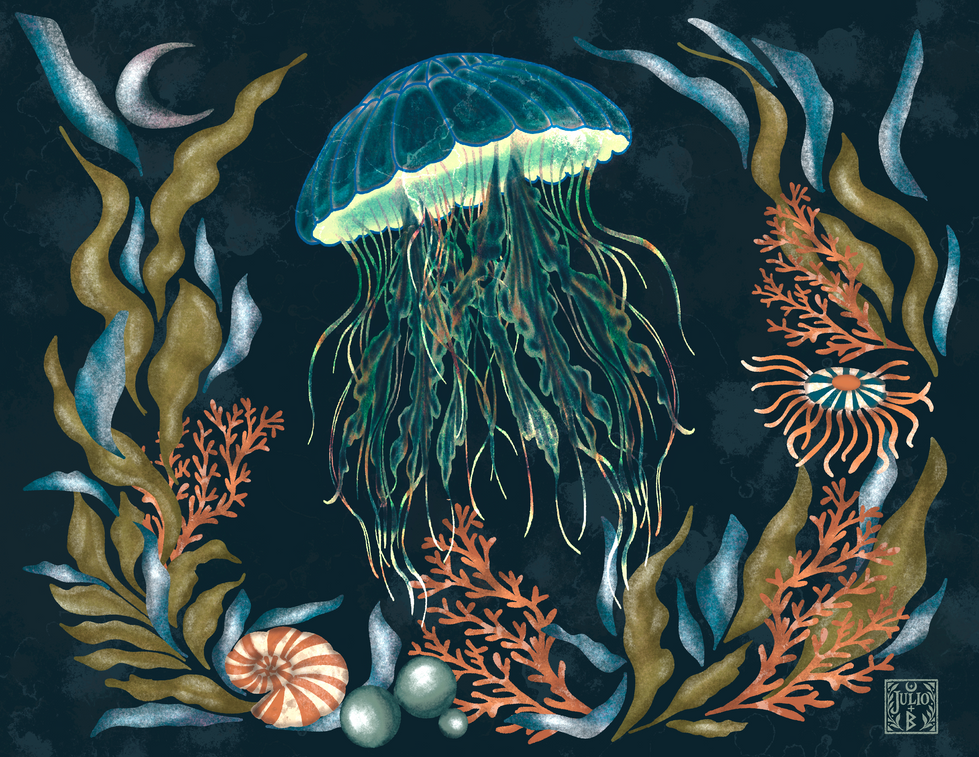 Hand-drawn jellyfish illustration for March from an illustrated calendar series