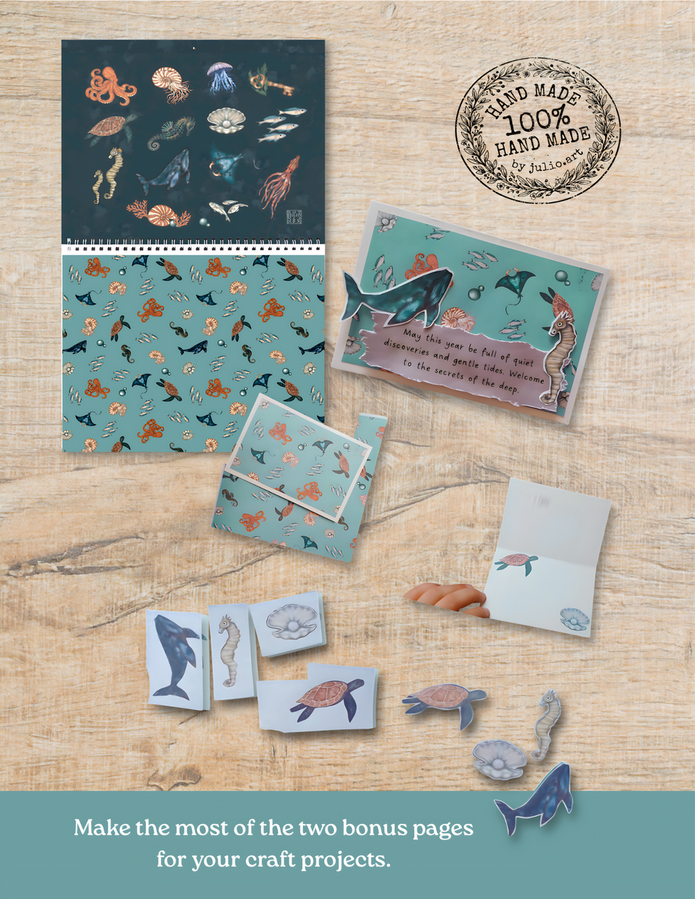Handmade ocean-themed card using an illustrated surface pattern and printable marine cut-outs