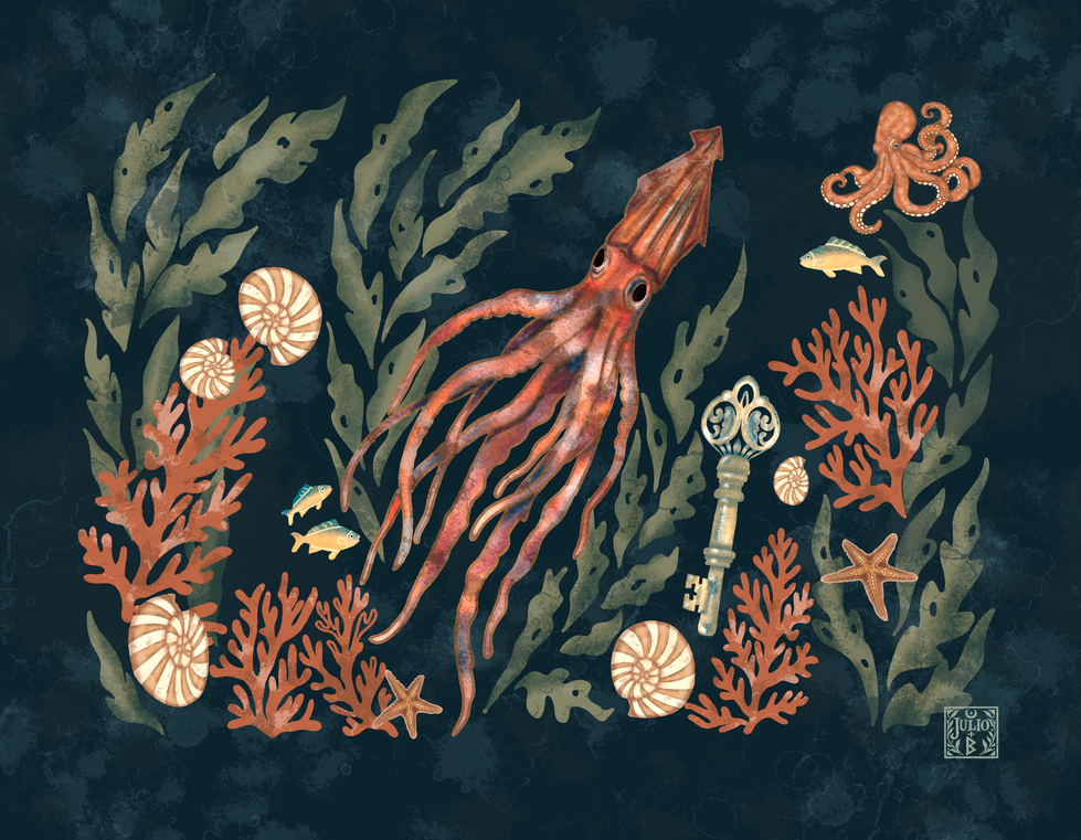 Hand-drawn squid composition with flowing tentacles and surrounding underwater elements