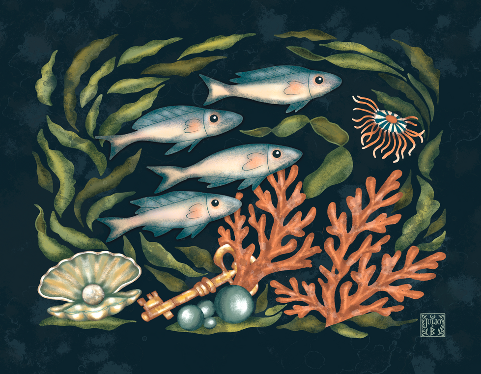 Hand-drawn underwater composition using a school of fish, seaweed, and coral to create visual rhythm