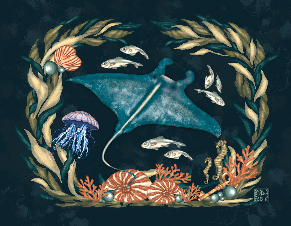 Hand-drawn manta ray illustration for April from an illustrated calendar series