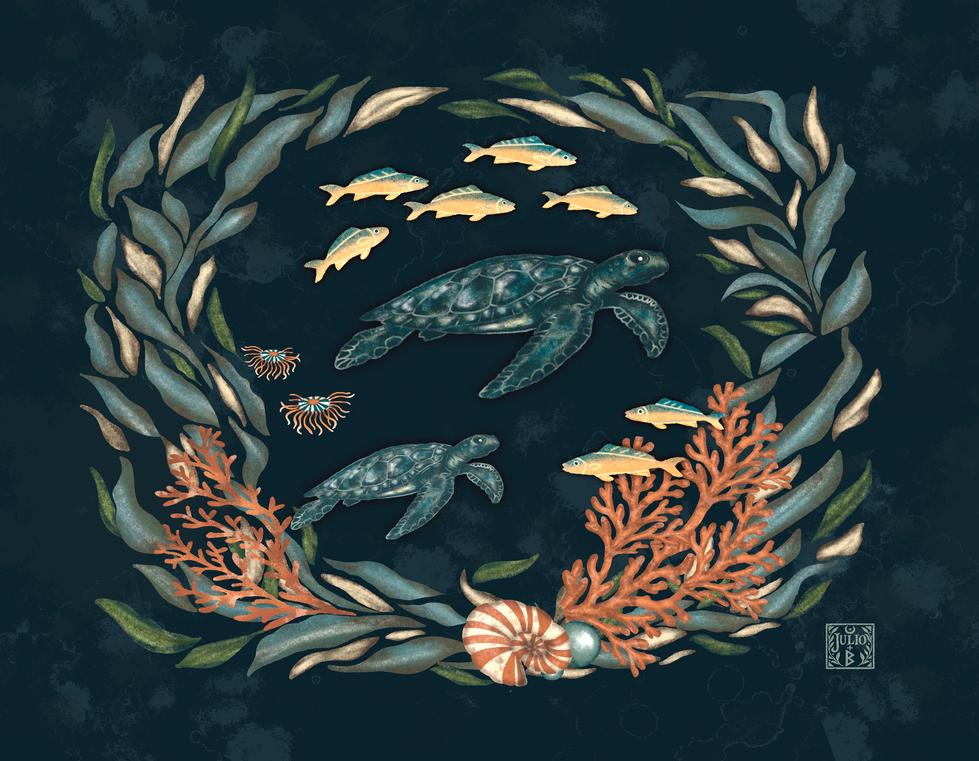 Hand-drawn sea turtle illustration for June in an illustrated marine life calendar