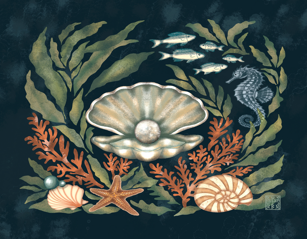 Hand-drawn underwater composition centered on a shell and pearl with surrounding marine elements