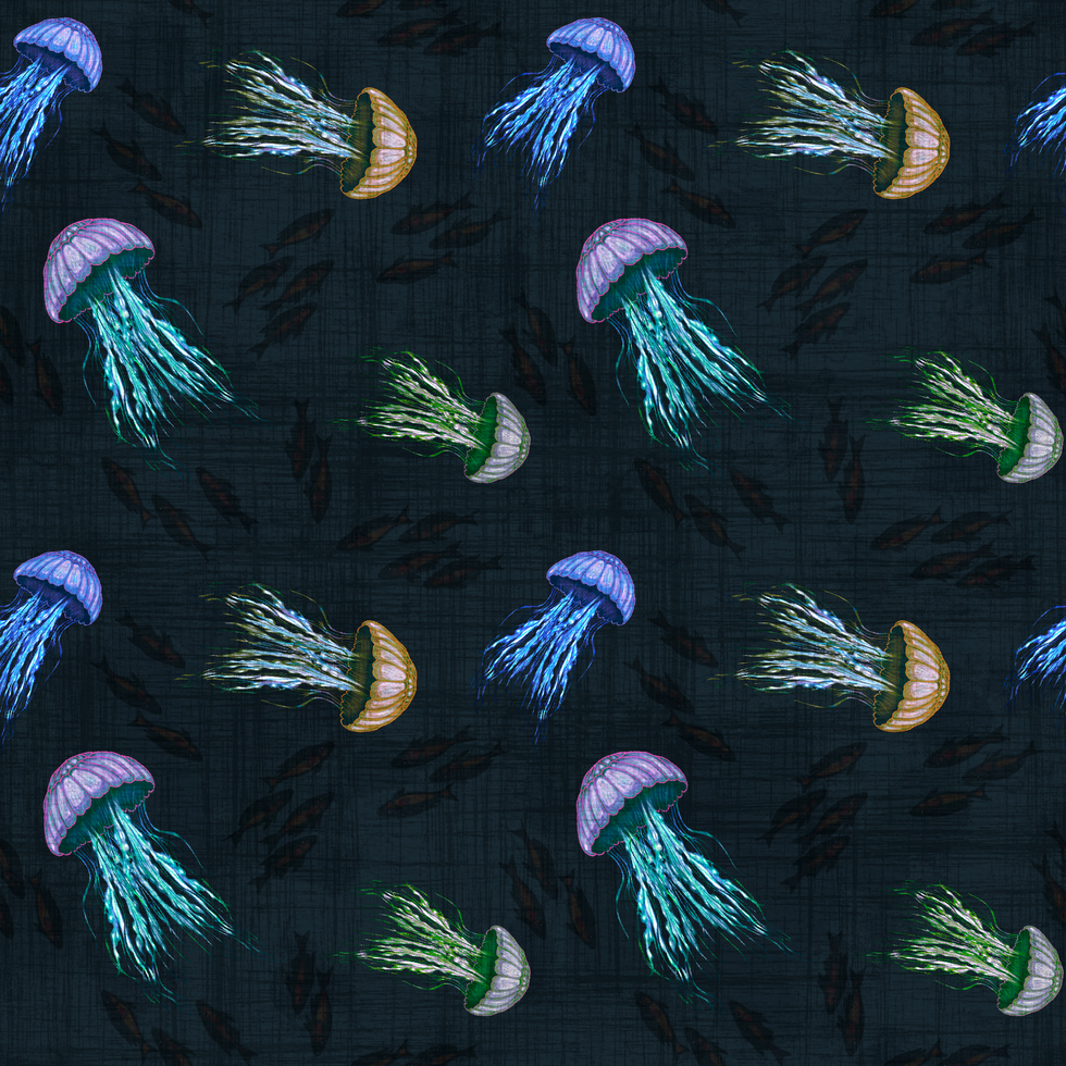 Hand-drawn repeating jellyfish pattern with underwater elements